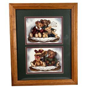 Vintage Framed Laurie Korsgaden Teddy Bear Welcome Art Print Matted